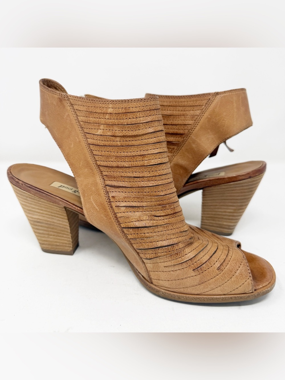 Paul Green Cayanne Sliced Leather Peep Toe Booties Cognac Zip Heel 6.5 US 9